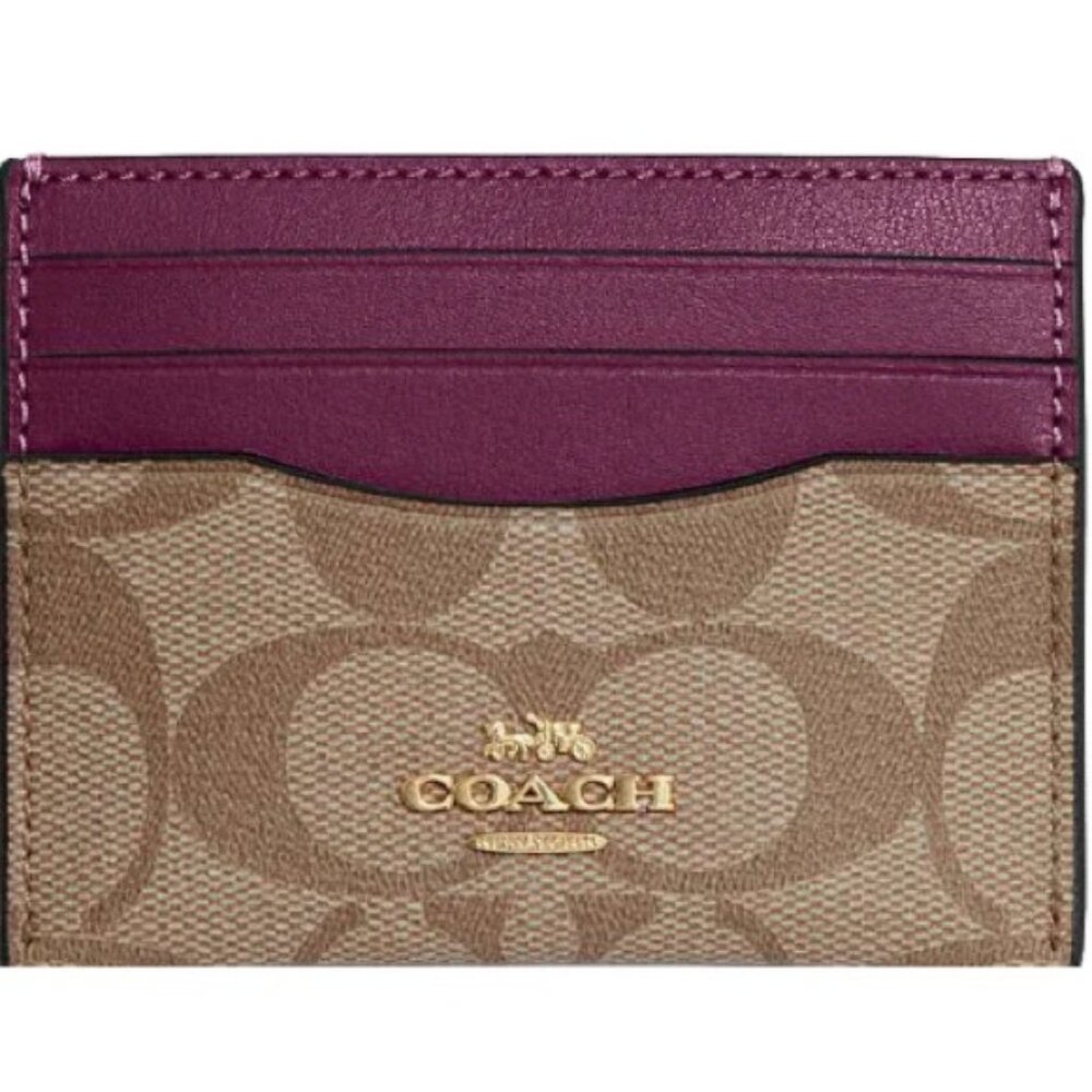NWT Authentic Coach Signature Card Case in Khaki and Boysenberry